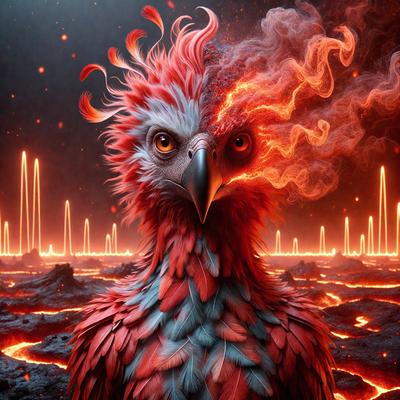 The primary subject of the image is a bird with a mix of red and blue feathers. The bird is standing in a dark, fiery environment, possibly a lava-filled area. The visual style of the image is digital art, as it appears to be a computer-generated or digitally painted scene. The dominant colors in the image are red and blue, with the red feathers of the bird contrasting against the dark, fiery background. The overall atmosphere of the image is dramatic and intense, with the bird seem